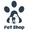 Logo of a pet shop with paw prints and two dogs inside on a white background