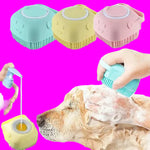 Pet grooming brush with colorful handles being used on a dog